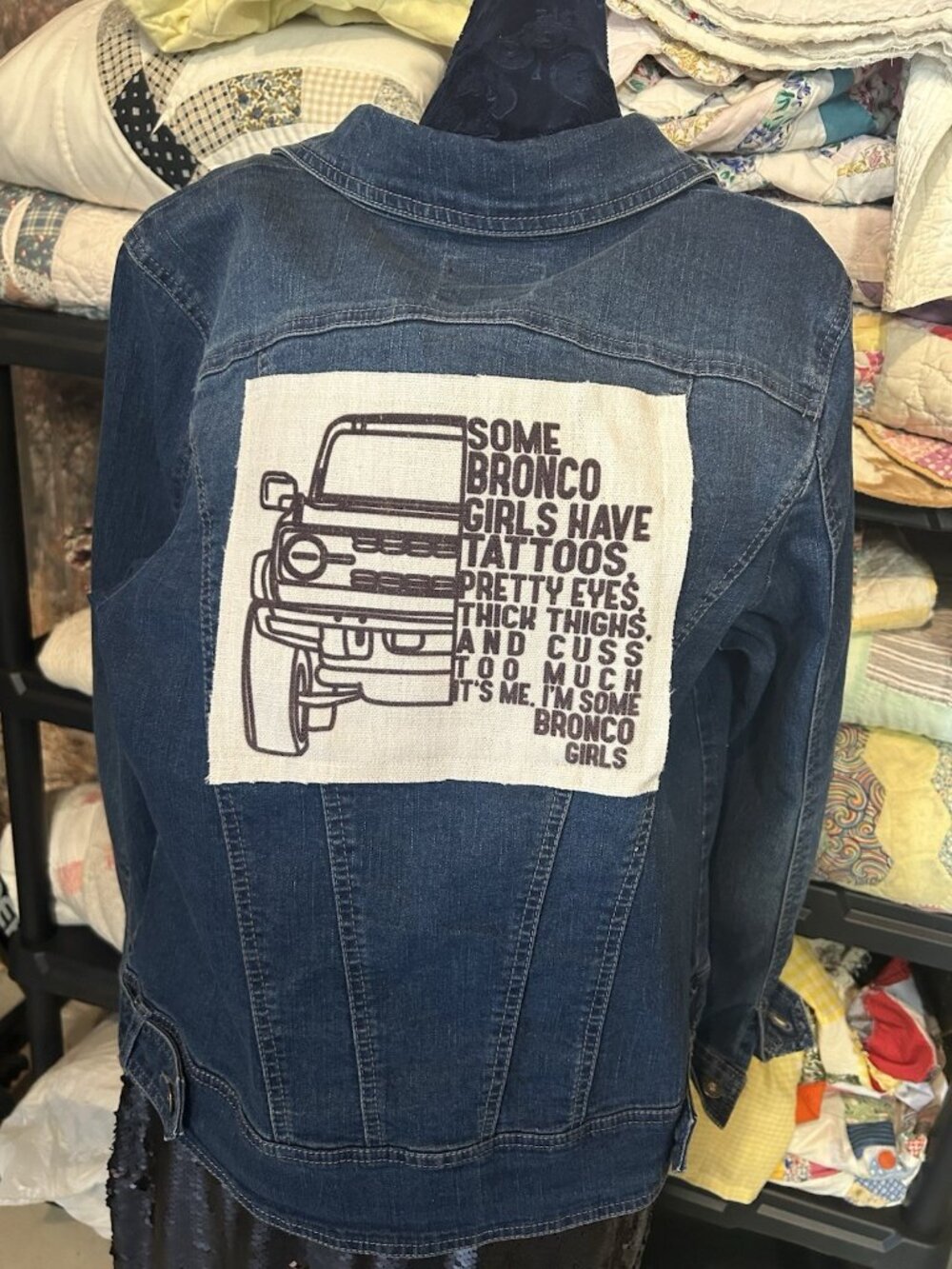 Ford Bronco Patchwork , Upcycled Vintage Denim Jacket Size Medium  Tatoos